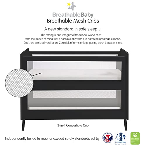 BreathableBaby Breathable Mesh 3-in-1 Convertible Crib (Toddler Bed Kit Sold Separately) — Black — Two Adjustable Mattress Heights — Greenguard Gold Certified - Image 3