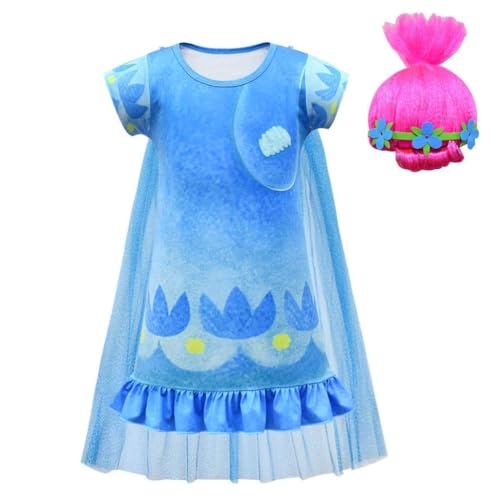 Lito Angels Deguisement Robe Costume Poppy Trolls avec Perruque Rose pour Enfant Fille Taille 2-3 ans, Bleu