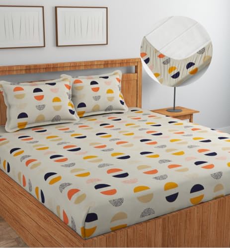 Image of NEW LEAF Cotton Fitted King Bedsheets with 2 Pillow Covers | Elastic Fitted | Wrinklefree | Ultrasoft |Winter Bedsheet 200 to 220 tc Floral | 78x72+8 Inches, Half Cricle Beige Black