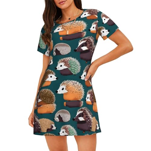 Chemise de nuit à manches courtes pour femme avec imprimé hérissons