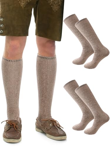 Hoosige 2 Pairs Lederhosen Socks German Oktoberfest Bavarian Lederhosen Socks for Men Size 10-13(Brown Style 2)