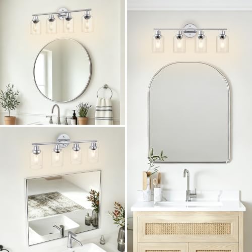 Image of 4-Light Bathroom Light Fixtures, Modern Chrome Vanity Lights for Bathroom with Clear Glass Shade, Wall Lamps for Mirror Hallway Kitchen Cabinet Living Room Sconces Lights