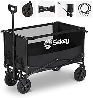 Sekey Folding Wagon with 220LBS Large Capacity,Heavy Duty Beach Wagon Cart on Big All-terrain Wheels,Collapsible Trolley Cart with Adjustable Handle & Drink Holders.Black