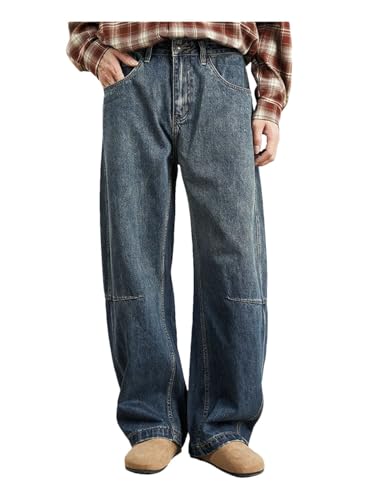 Men’S Retro Wide Leg Jeans Loose Fit Straight Cut Trousers Casual Denim Pants with A Distressed Wash