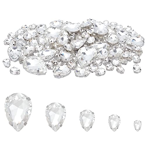 FINGERINSPIRE 140Pcs 5 Sizes Glass Sew On Rhinestones Teardrop Sewing Claw Gems Clear Claw Flatback Crystal Rhinestones Metal Prong Setting Rhinestone for Clothes DIY Craft Jewelry Decor
