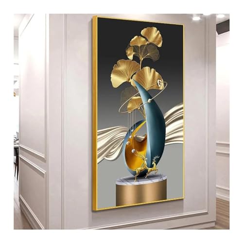 Tableau cerf doré abstrait en aluminium de luxe géométrique grand format 70x140 cm