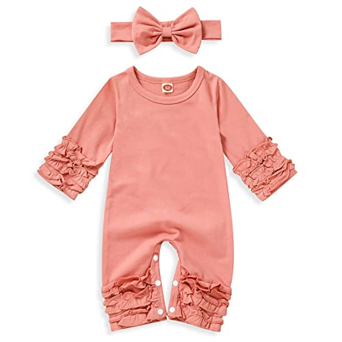 Image of GRNSHTS Newborn Baby Girls Ruffle Romper Solid Long Sleeve Jumpsuit One-Piece Coming Home Clothes With Headband
