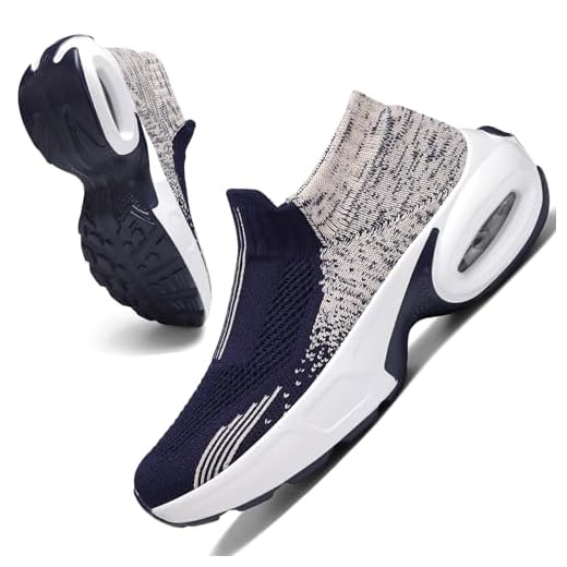 Tênis de malha feminino – antiderrapante, sem cadarço, tênis de meia – leve, tênis de corrida com amortecimento de ar, tênis de trabalho, Azul rosa 20, 36