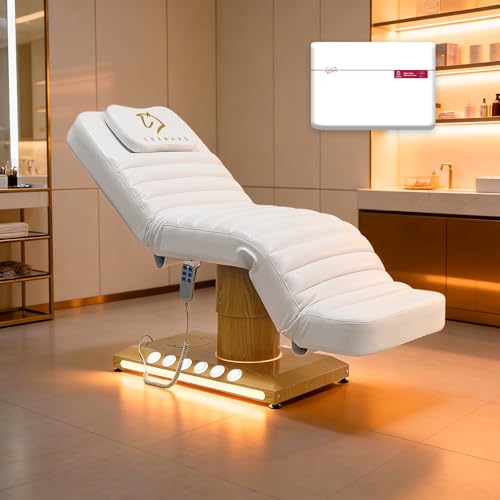 Full Electrical Massage Table, 3 Motors Facial Chair with Remote＆Foot Controller,Tattoo Chair for Esthetician with Memory Foam Pillow,Beauty Bed with Removable Headrest for Spa,Salon,Waxing (White)