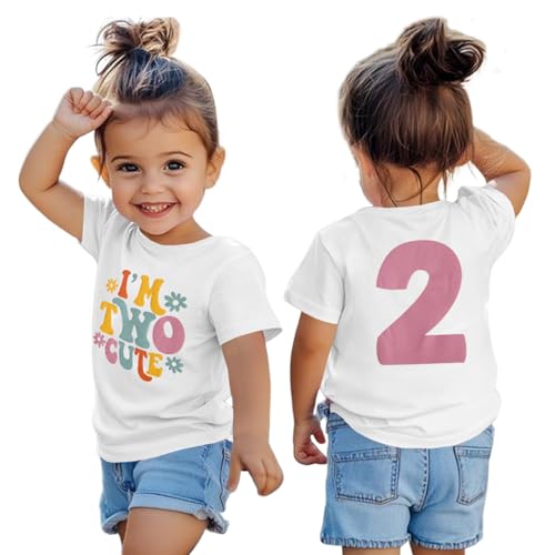 KEKEMI Birthday Shirt for Toddler Girl I’M Two Cute Birthday Girl T-Shirt 2T B-Day Party Outfit Short Sleeve Tee Tops Clothes(White,2T)