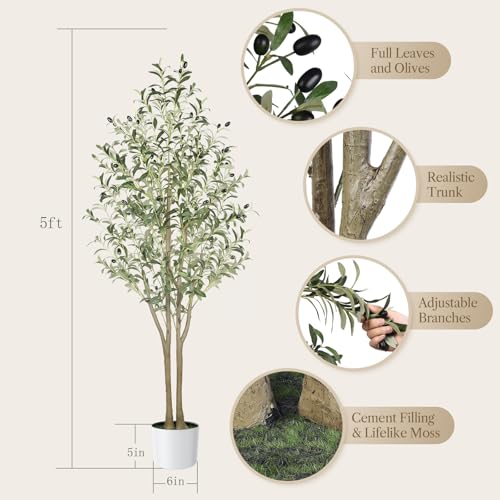 Alupssuc 5FT Olive Tree Artificial, Faux Olive Tree with White Pot, Fake Tall Plant Indoor Outdoor with Natural Wood Trunk & Lifelike Fruits, Perfect for Modern Home Office Living Room Floor Decor