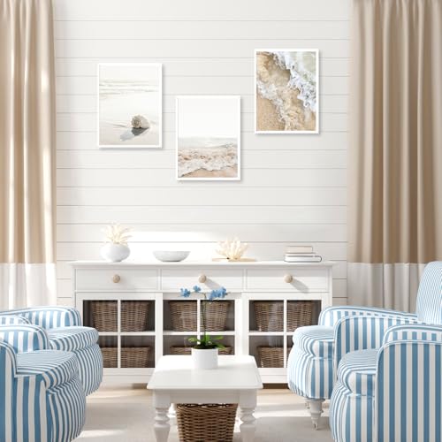 NymphFable Dazzlewall 3PCS Neutral Beach Wall Decor Poster Sea Conch Ocean Wave Prints, Coastal Wall Poster for Bathroom Living Room Decor 12x16 in Unframed