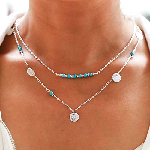 Tgirls Boho Turquoise Necklace Sequin Pendant Necklaces Layered Bead Necklace Chain Western Necklace Jewelry for Women2