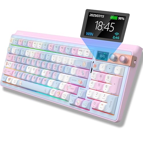 Image of H98 Wireless Mechanical Keyboard,96-Key Hot-Swappable Wired Gaming Keyboard,Tri-Mode Bluetooth 5.0 2.4G USB-C,1.14 inch Color Screen,Double Knob,6000mAh,RGB,PBT Keycaps for PC Mac iPad-Pink