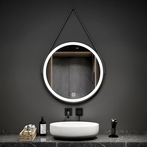 EMKE Round Bathroom Mirror with Leather Strap - 60CM Black Framed Bathroom Led Mirror with Touch Switch, Adjusting Brightness, Illuminated Smart Circular Mirrors for Bedroom