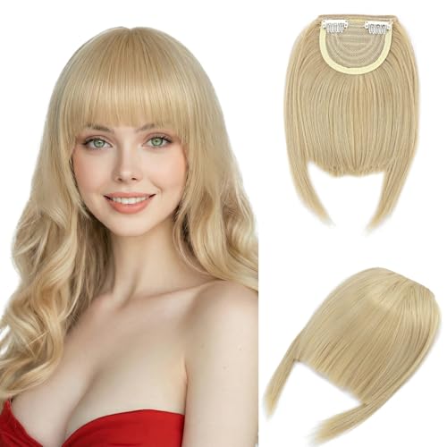 Benehair Flequillo Postizo Pelo Natural Flequillo Francés Postizo Invisible Flequillo Postizo Extensión Flequillo Clip para Mujeres(Rubio Arena con Rubio, 30g)
