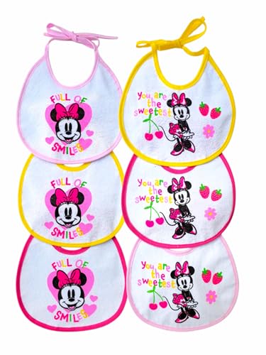 Ellepi lot de 6 bavoirs bébé Disney en coton avec dos imperméable, Minnie 1, 18 x 18 cm
