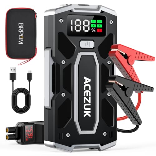 ACEZUK Booster Batterie Voiture 5000A, Démarreur de Batterie de Voiture Portable(Jusqu'à 8.0L Diesel ou 10.0L Gaz), 12V Jump Starter, Pinces Intelligentes avec Écran, Lumière LED, Port de QC3.0