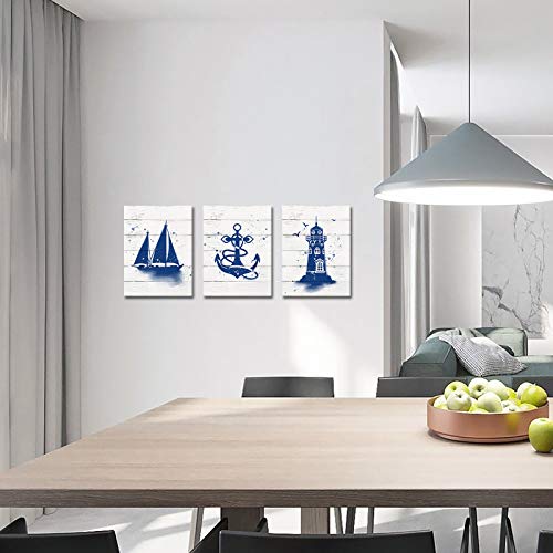 Rnnjoile Nautical Bathroom Decor Wall Art Blue Anchor Sailboat Lighthouse Canvas Pictures Navy Ocean Theme Kitchen Painting #TOP1