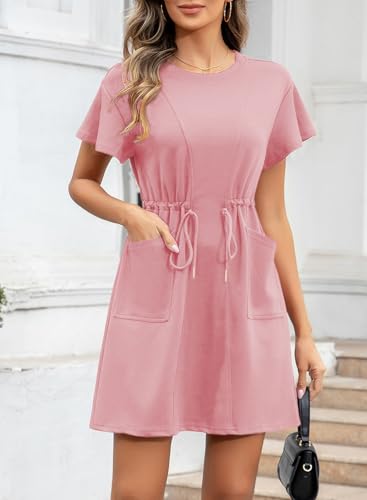 Image of EVALESS Womens Spring Summer Dresses 2026 Casual Round Neck Ruffle Short Sleeve Flowy A Line Mini Dress with Pockets