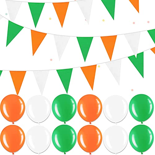 St Patricks Day Decorations Set - 6M St Patrick's Day Pennant Banner with 15Pcs Balloons, Irish Green White Orange Triangle Flags for St Patrick's Day Party Hanging Decorations