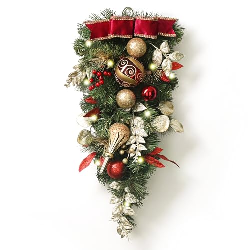 Valery Madelyn Pre-Lit Christmas Teardrop Swag for Decorating Outdoor, 24 Inch Mailbox Swag Decoration with 20 LED Lights, Red Gold Ball Ornament for Front Door Stairway Window Shelf Xmas Home Decor