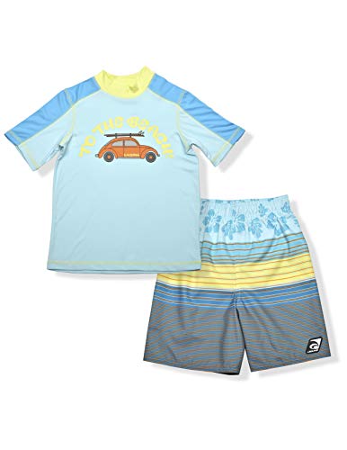 LAGUNA Boys UPF 50+ Swim Set with Surf Car Print Short Sleeve Rashguard Sun Shirt and Striped Boardshorts, Aqua, 5/6