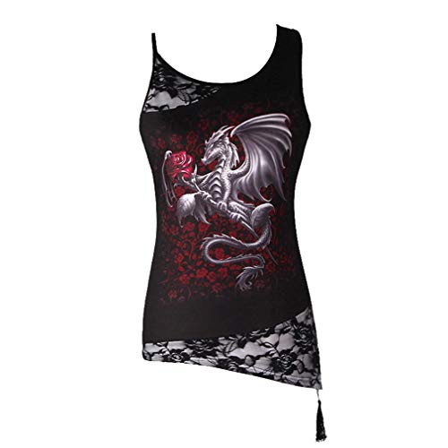 Yuandongxing Chaleco 3D Top Cráneo Gótico Tops Punk Rock Camiseta Remiendo Encaje Floral Blusa tee Mujer