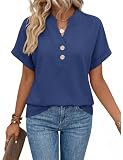 heekpek Camisetas Manga Corta Mujer Algodon Lino Blusas de Mujer Elegantes Verano Cuello en V Tops Holgado T Shirt Camisa con Botones, Azul Marino, M