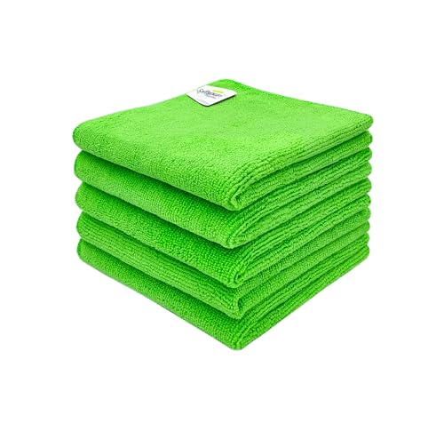 Image of SOFTSPUN Microfiber Cleaning Cloths, 5pcs 30x30cms 340GSM Green! Highly Absorbent, Lint and Streak Free, Multi -Purpose Wash Cloth for Kitchen, Car, Window, Stainless Steel, Silverware.