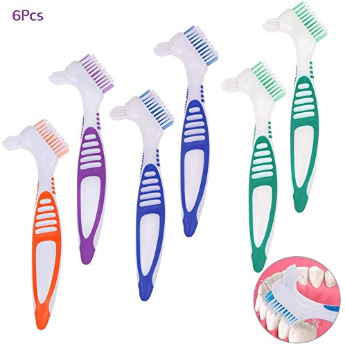 Findagift - Juego de 3 cepillos de limpieza de dentaduras postizas, cepillo de dientes de doble cerdas premium para el cuidado de las dentaduras, cerdas de varias capas y mango ergonómico, 3 colores
