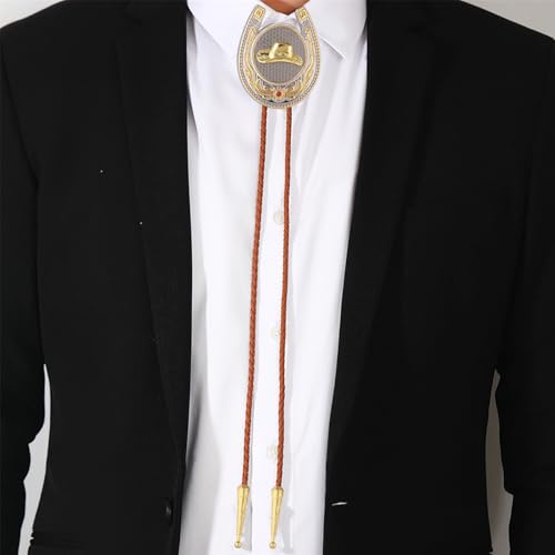 Image of Jeilwiy Bolo Tie for Men, Western Cowboy Golden Longhorn Bull Eagle Horse Cowboy Hat Bolo Necklace Leather Necktie for Women