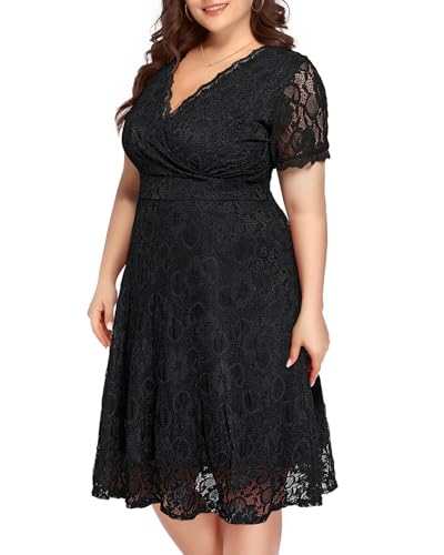 Image of Women's Wedding Guest Plus Size Semi Formal Cocktail Lace Wrap V Neck Short Sleeve Knee Length Dress