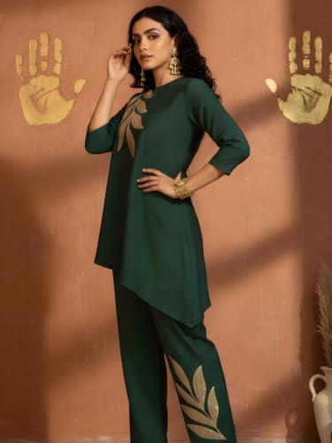 Image of Women's Magenta Chanderi Sequin Embroidered Co-ord Set | Round Neck 3 /4 Sleeve Asymmetric Top with Trousers | Festive Co-ord for Party, Wedding