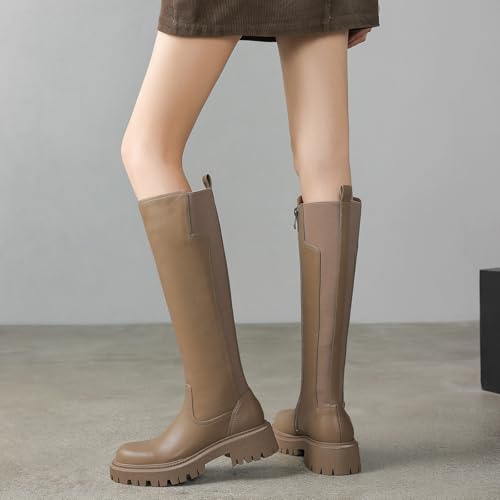 Image of TEAIEU Knee High Boots for Women, Platform Chunky Block Low Heel Tall Boots, Round Toe Side Zipper Fall Long Boots for Dress, Stretch Calf, Comfortable