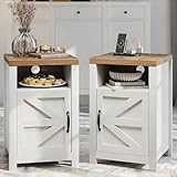 OneBlis Farmhouse Nightstand with Charging Station, Couch Side Table Set of 2, Bedside Table with Storage Space, End Tables with Barn Door, Bed Side Tables for Living Room and Bedroom, White