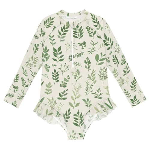 ALAZA Swimsuit for Girls Long Sleeve Rashguard Bathing Suit Herbs Light Yellow Quick Dry 4T