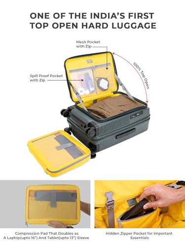 Image of EUME Aerotop Cabin Trolley Bag Small | Top Open Suitcase | Expandable Hard Polycarbonate Luggage | TSA Lock, Anti Theft Zipper, Silent Wheels | 16 inch inch Laptop Holder + Charging Port | 50L Green
