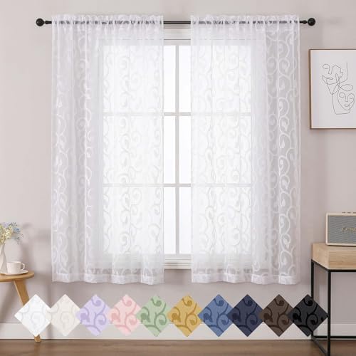 WelvetBLK Sheer White Curtains for Bedroom Living Room 63 Inch Length 2 Panels Set Soft Airy Light Filtering Geometric Jacquard Clip Curtains Drapes Modern Rod Pocket White 2Pcs 42 Wx63 L Inch
