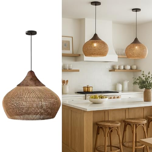 Rattan Pendant Light, Handmade Wicker & Bamboo Lampshade,Adjustable Cord,Boho Rustic Chandelier for Kitchen Island, Dining Room & Living Room – Natural Woven Design Creates Warm (40cm,Light Brown)