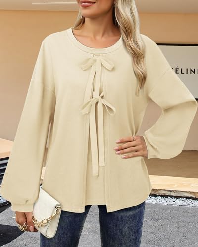 Image of Vivilli Women's Tie Front Knit Tops Long Lantern Sleeve Shirts Crewneck Sweatshirts A-Line Patchwork Fall Fashion Tunic