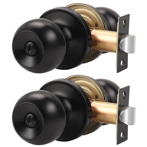 Knobonly 2 Pack Matte Black Door Knobs with Lock, Privacy Door Knobs Interior for Bedroom or Bathroom Classic Round Doorknobs Inside Stainless Steel