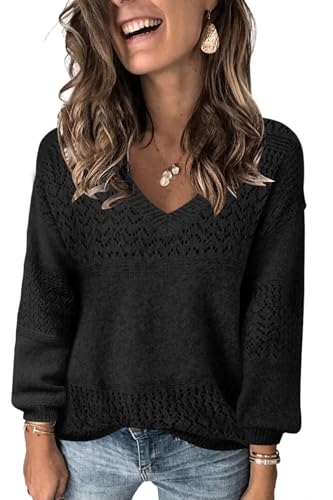 FEKOAFE Womens 2026 Trendy Sweater Black V-Neck Hollow Out Crochet