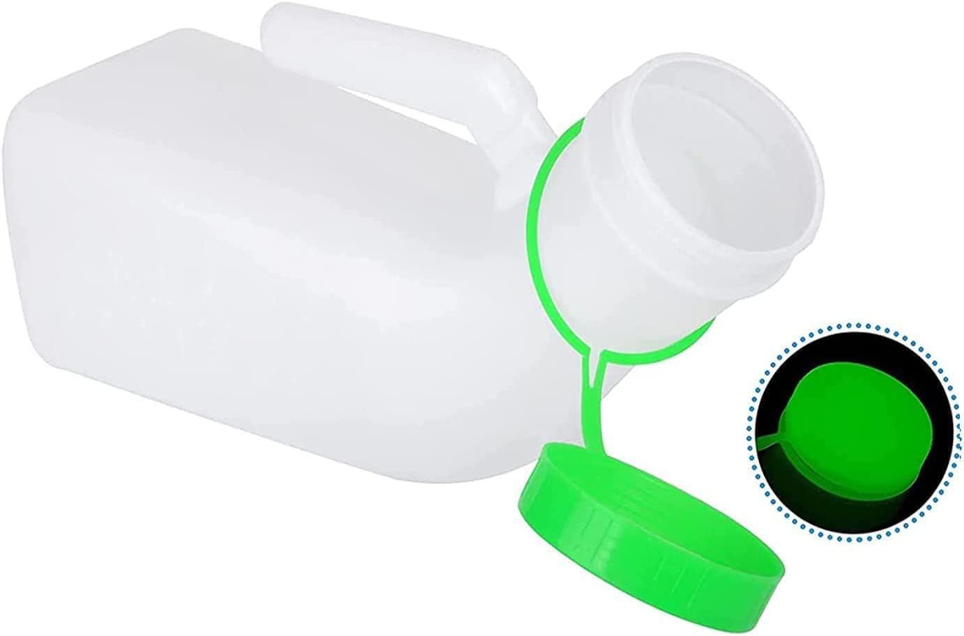 Urinal Bottle, 2 Pack Urinals for Men with Glow Lid in The Dark,1000ml Male Urinal Pee Bottle with Spill Proof Screw Green Cap(Green)