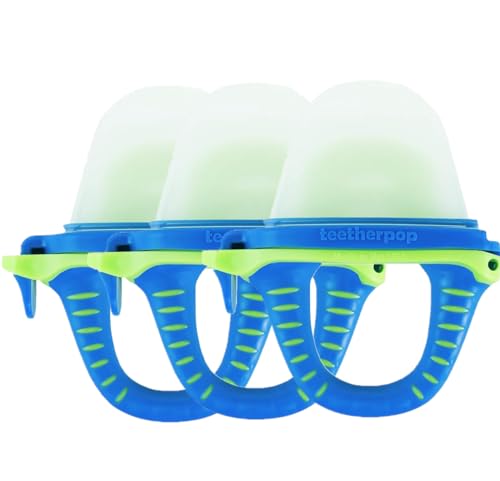 Image of Teetherpop Fillable Silicone Teether for Babies (3-Pack) – Breastmilk Popsicle Molds for Teething w/Spill-Proof Sippy Slits – Baby Teethers for Liquid & Purée – Cooling Teething Relief (BlueLime)