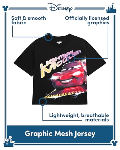 Image of Disney Lightning McQueen Mickey Mouse & Stitch Womens Retro Graphic Tees | Vibrant Disney Graphics, Breathable Fabric, Cropped Fit, Size Up for Ideal Fit