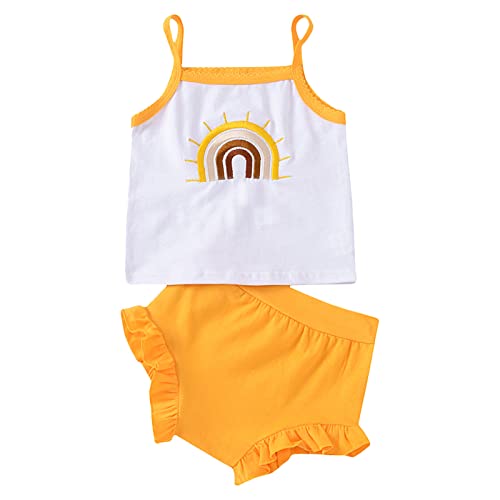 Conjunto de roupa de duas peças para crianças meninas sem mangas bordado arco-íris tops shorts conju