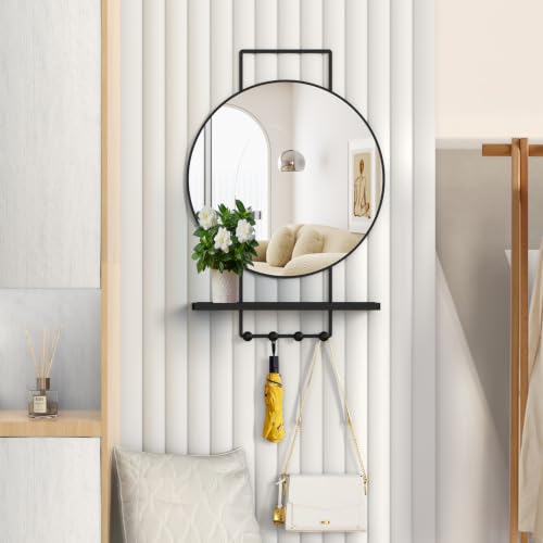 Image of BEAUTME Wall Mirror with Shelf and Hooks, 30x20 Inch Metal Framed Round Bathroom Mirrors with Shelf, Modern Farmhouse Wall Decor for Living Room Bedroom Entryway, Vertical (Black)