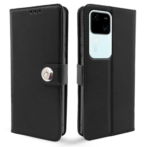 Image of Pikkme Vivo V30 5G Flip Cover Leather Finish | Inside TPU with Card Pockets | Wallet Stand and Shock Proof | Complete Protection Button Flip Case (Black)