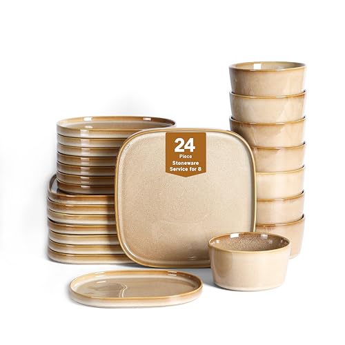 Image of Stone Lain Cairo 24-Piece Dinnerware Set Stoneware, Plates and Bowls Set, Microwave and Dishwasher Safe, Includes Dinner and Salad Plates, Cereal Bowls, Dishes for 8, Sand
